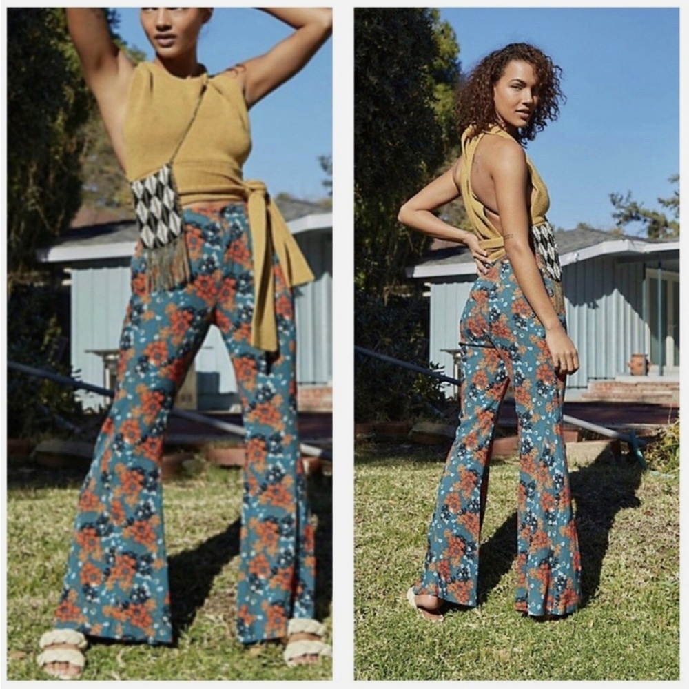 Free People Floral Boot Cut Pants - Blue and Orange